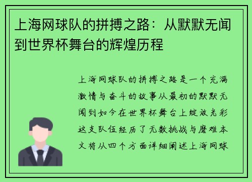 上海网球队的拼搏之路：从默默无闻到世界杯舞台的辉煌历程